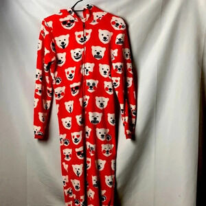 COCA COLA BEAR WOMENS SIZE MEDIUM ONE PIECE FOOTED HOODED PAJAMAS ZIP FRONT